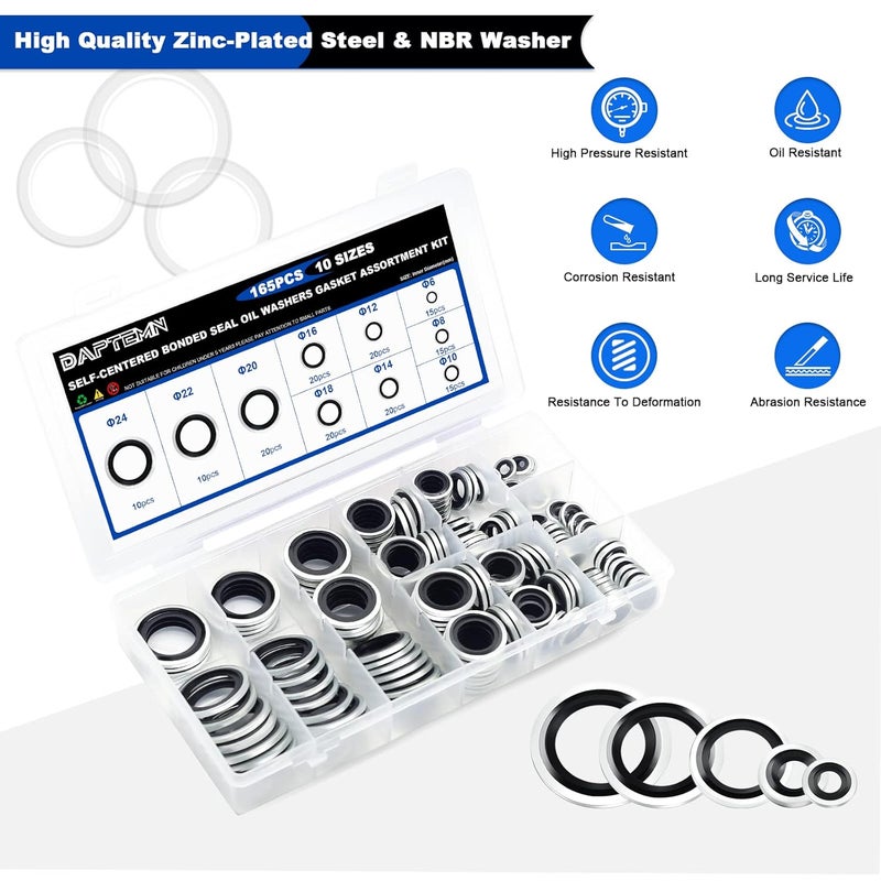 Daptemn 165PCS Bonded Sealing Washers, NBR Metric Zinc-Plated Steel Self-Centred Sealing Rubber Washers, Automotive Seal Gasket Crush O-Ring Assortment Kit Set M6 to M24 - Image 4